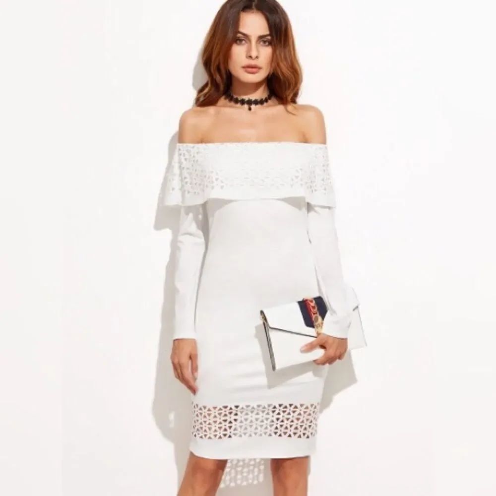 White Laser Cutout Off The Shoulder Ruffle Dress